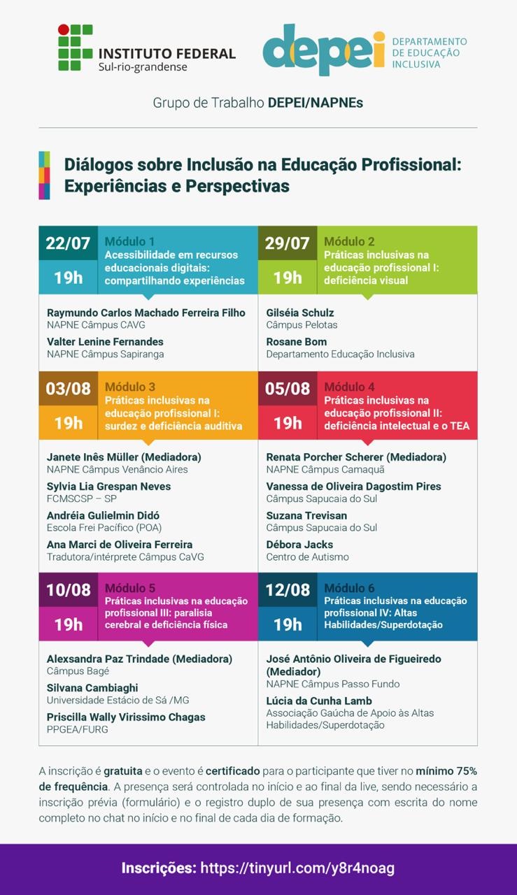 Este projeto de extensão foi construído pelo Grupo  de trabalho composto pelos representantes dos Núcleos de Apoio a Pessoas  com Necessidades Específicas ( Napne) dos Câmpus do IFSul e Departamento de Educação Inclusiva da Pró-reitoria de Ensino, consiste na apresentação, em *live streaming,* de conhecimentos, experiências e práticas exitosas acerca da educação inclusiva e acessibilidade no contexto da educação profissional.  A proposta prevê a participação a distância do público interessado, através de *live **streaming *no Canal do You Tube da CPTE/IFSul.  Portanto, não há seleção dos participantes, mas, sim, a necessidade de realização da inscrição prévia através de formulários online pelo link https://tinyurl.com/y8r4noag, de modo que seja possível obter, posteriormente, a certificação de participação nas atividades do projeto. Promoverão debates e reflexões sobre as diferentes deficiências, transtornos do espectro autista e de aprendizagem e altas habilidades/superdotação, enfatizando a necessidade de olhares atentos frente à chegada desse público discente em diferentes redes e níveis de ensino.